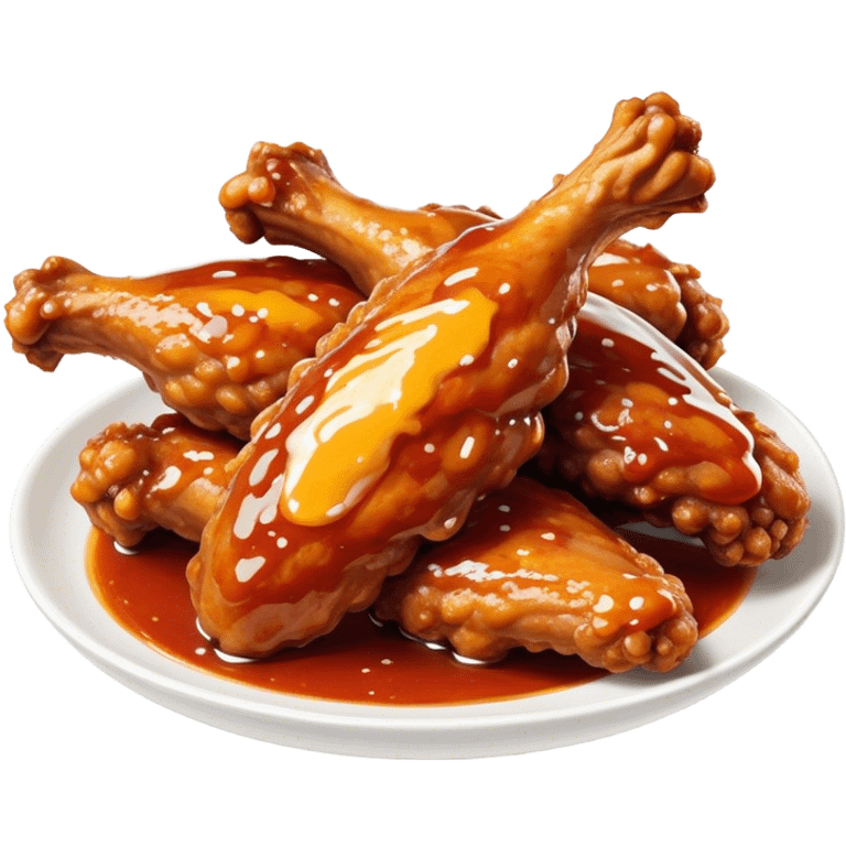 Cinematic crispy chicken wings, golden-brown and glazed with spicy sauce, crunchy coating, juicy inside, piled high with dipping sauce on the side, ultra-realistic and mouthwatering, inviting and bold. emoji