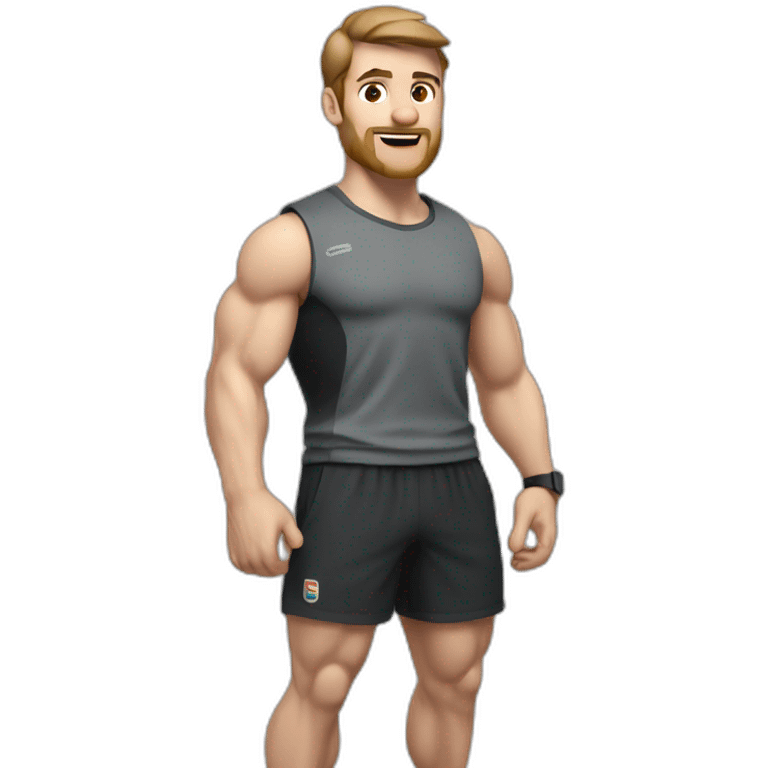 Close up Actively gesturing  with hands Pale skinned Fit Man With the biceps and brown hair in dark gray Sleeveless Mike, black oversize sports shorts, watch and white Sneakers emoji