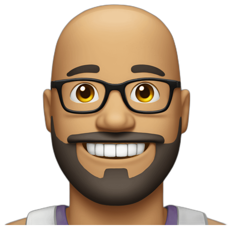 bald man with full goatee black glasses and thick eyebrows with a big smile and nice teeth emoji