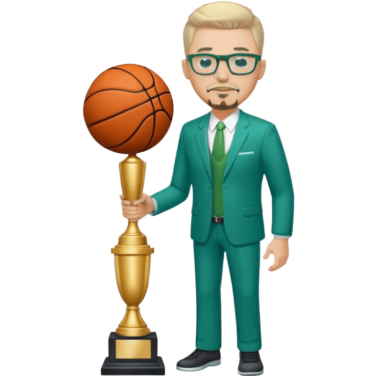 Full Body white male plus size body type  wearing glasses with a goatee with light blonde gray very short hair basketball head Coach in blue and green suit holding trophy emoji