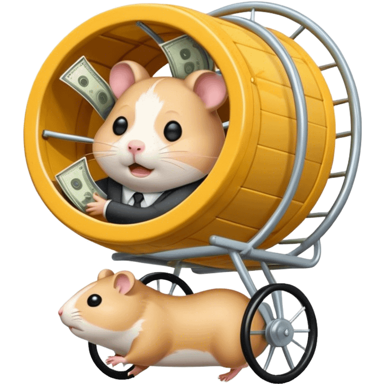 Create an emoji of a tired, overworked entrepreneur running on a hamster wheel, chasing a floating dollar sign or a bag of money. The character has dark circles under their eyes, looks exhausted, and appears stuck in an endless cycle. The hamster wheel represents constant struggle, while the money is always just out of reach. The style should be clean and easily recognizable as an emoji

 emoji