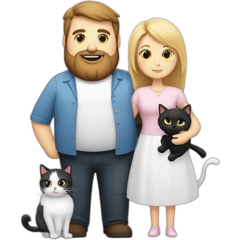 Family photo a fat husband with a beard is holding a white cat and wife with straight hair is holding another black cat emoji