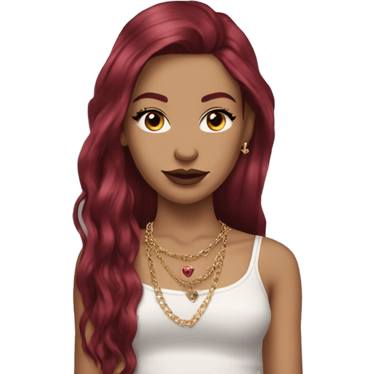 Pale girl with long burgundy hair, long eyelashes and has tattoos. She is wearing a crop top shirt and gold chain necklace and diamond earrings  emoji