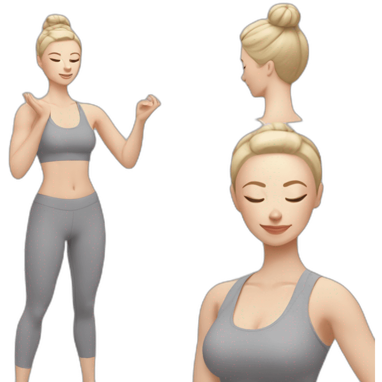 Pale skinned fit woman In a gray tight yoga suit and wristbands With ash blonde hair in a bun doing yoga emoji