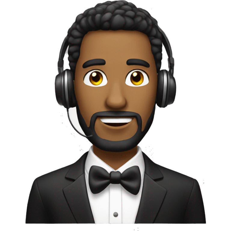 A guy in tuxedo having sor tried beard and wearing headphones emoji