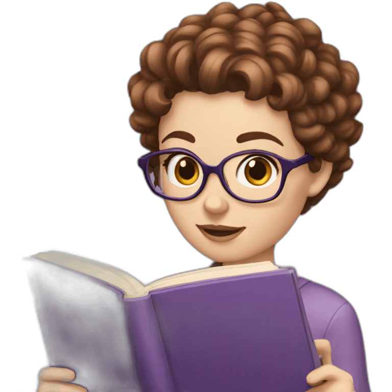 white girl with really short brown curly hair reading a purple book emoji