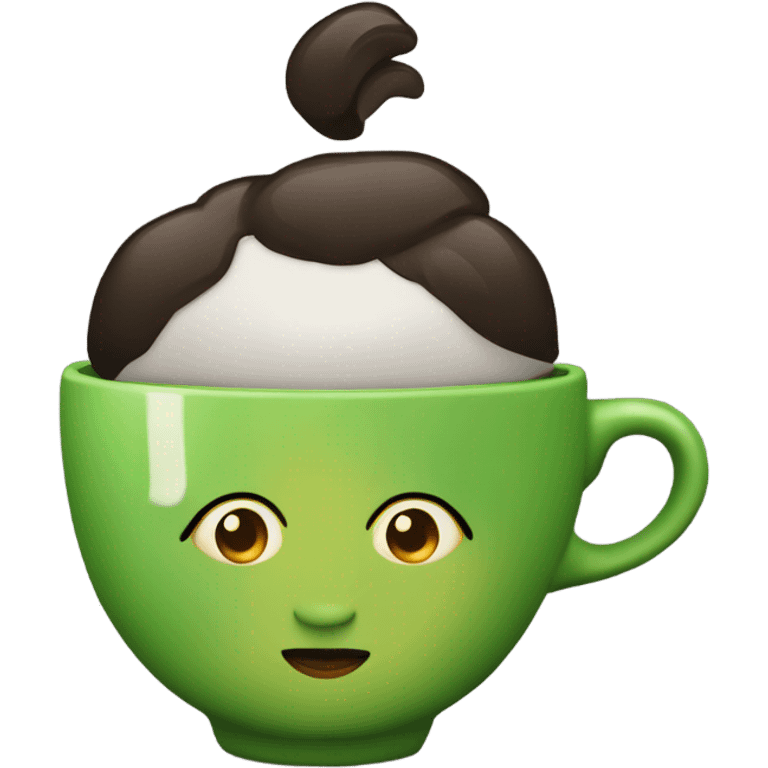 Chica con cabello corto y negro, con ojos grandes y verdes, y una taza de café en las manos. emoji