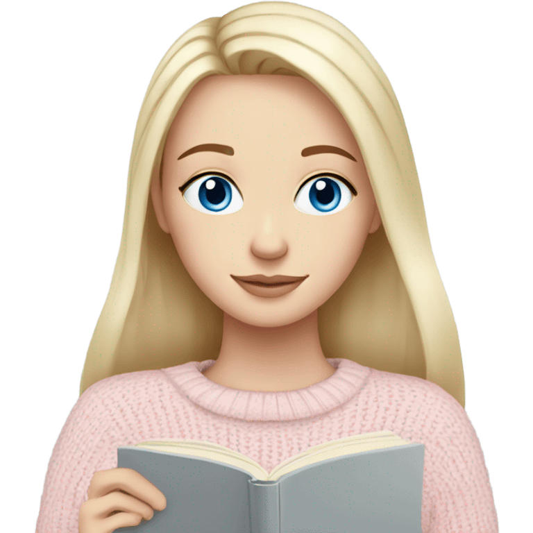 Pretty blue eyed white girl with light pink sweater reading cozy emoji