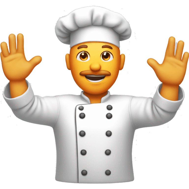 Bald man with an orange beard dressed as a chef raises his hand in the air emoji