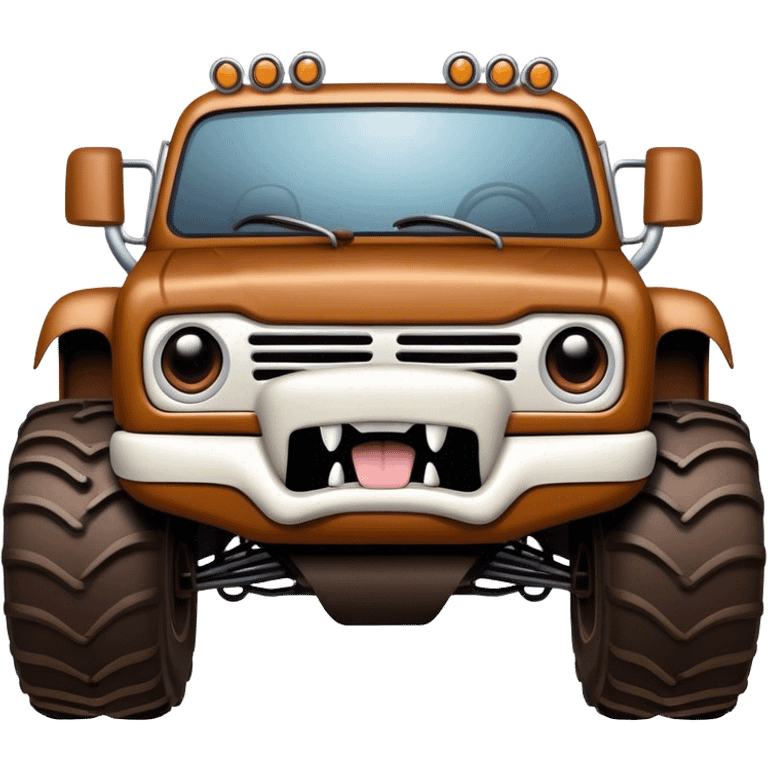 Monster Mutt - Monster Jam (Model Year: 2021) (Iconic colour: Brown with dog features) - A unique monster truck with playful, dog-inspired design cues. The vehicle is painted in warm brown tones and features subtle dog motifs (such as a stylized snout or ear shapes). It should blend the rugged power of a monster truck with quirky, endearing canine features. emoji