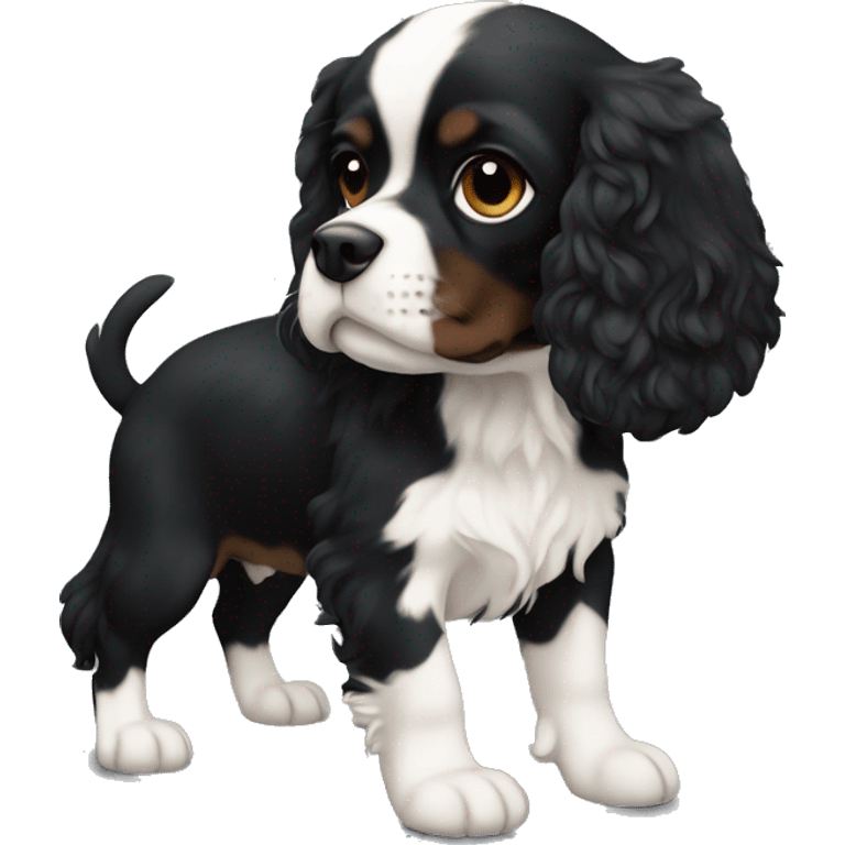 Small completely black king spaniel with black fur on face and white stripe on chest emoji