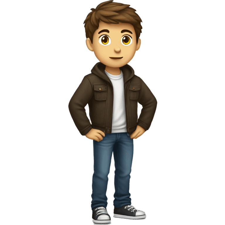 tech boy with brown hair, arms folded, side profile standing full body, zoom in emoji