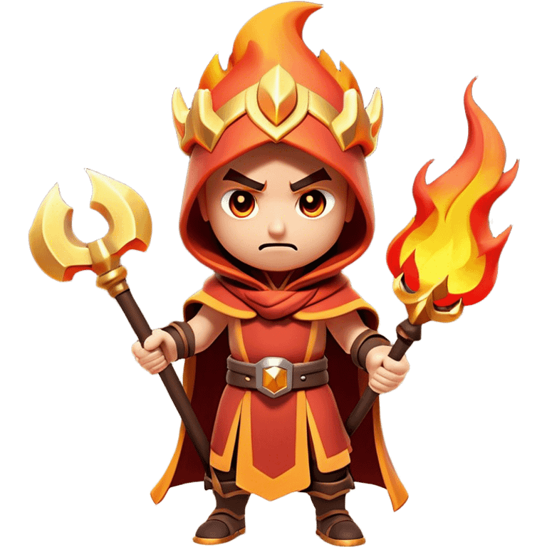 Clash of Clans aesthetic: Cinematic Ferocious Fire Mage Hero Emoji, rendered in a 3D vector-style similar to standard emojis with minimal shading and bold, simplified shapes. A compact, isometric figure draped in flowing, charred and ember-lined robes, wielding a fiery staff crackling with intense flames. Eyes burning with an infernal glow, exuding raw, untamed power. Simplified yet unmistakably iconic, highly detailed and consistent, glowing with a fiery, molten radiance and high shine. Stylized with a touch of menacing sorcery and a searing, ember-infused outline, capturing the essence of a wrathful mage ready to unleash devastating fire magic! emoji