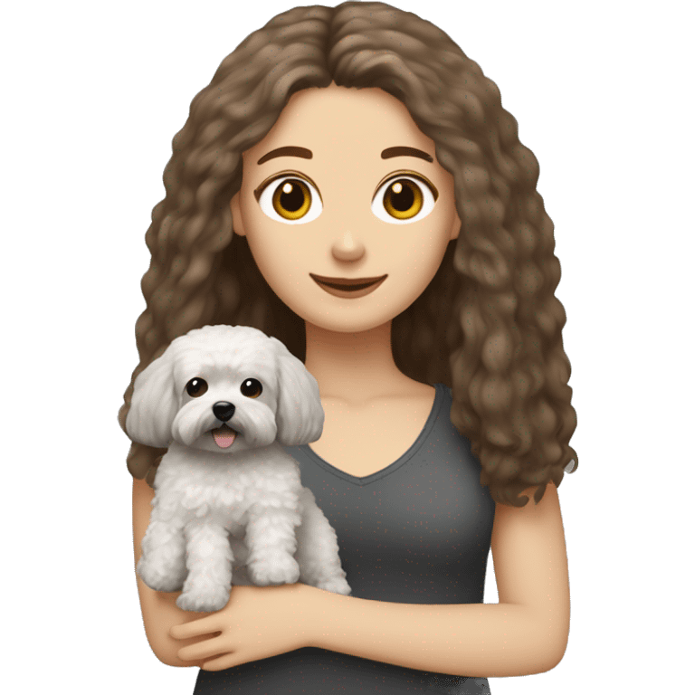 White Girl with brown long straight hair, holding a dark gray maltipoo with a white snout emoji