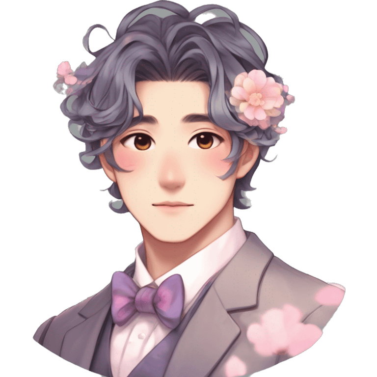 Gorgeous romantic anime style Asian formal modern gentlemanly guy with pretty hair and flower petals and blushing face aesthetic trending style with colorful gradient colors  pastelcore cottagecore kawaiicore emoji