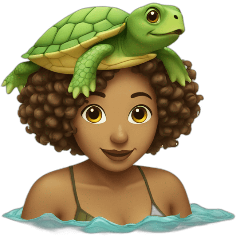 Indian woman with curly hair swimming with a turtle emoji