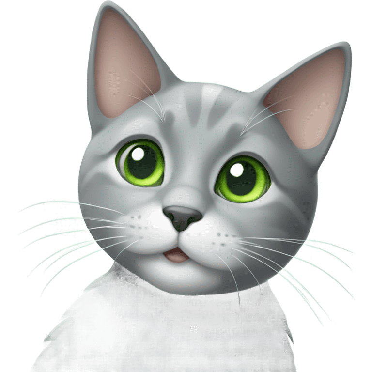 Grey cat with white patch on neck and green eyes  emoji