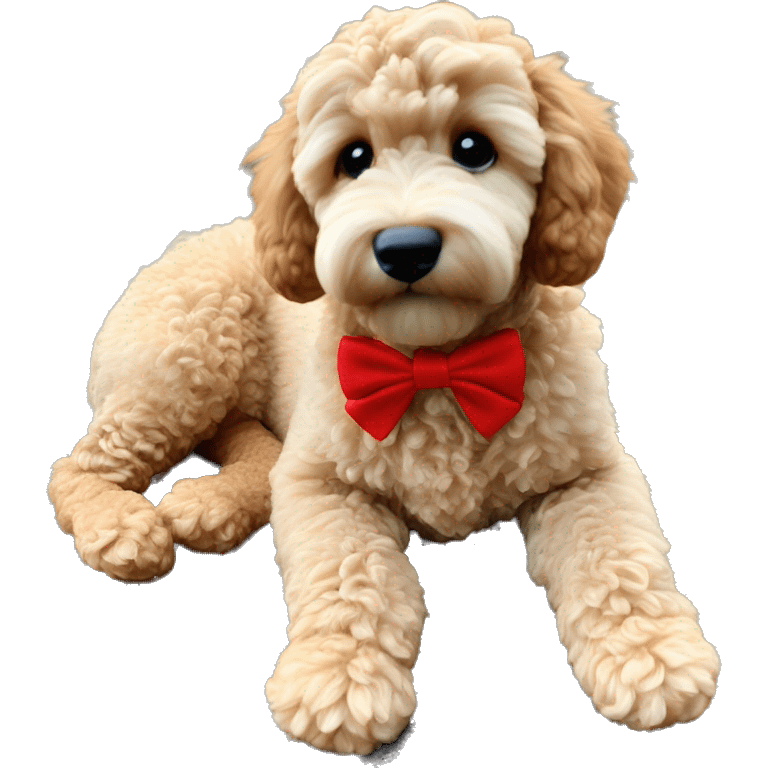 Ginger golden doodle. Baby. Full body sitting down. Red bow emoji