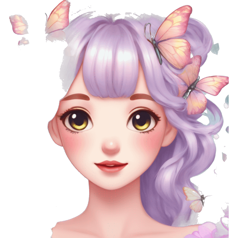 Gorgeous Shiny Pastel Anime-Style Lady Butterflies flower petals leaves cottagecore fairycore pastelcore kawaii aesthetic trending style emoji