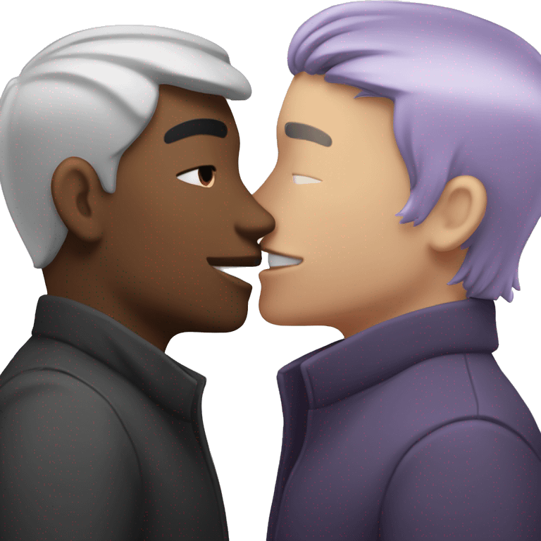 Two men kissing, one of the white with lavender hair and the other person is black with black hair  emoji