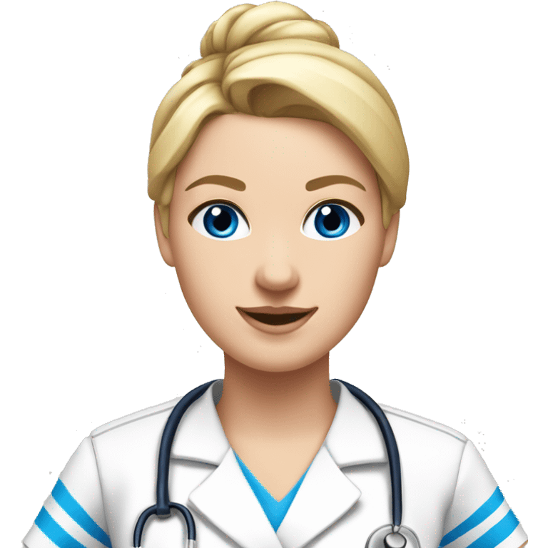 Do a nurse in a white kasack with Blue stripes on, blonde hair,Blue eyes and a sleek bun emoji