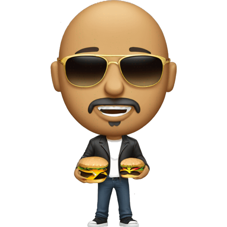 A bald guy with a goatee wearing sunglasses and a gold chain holding a hamburger  emoji