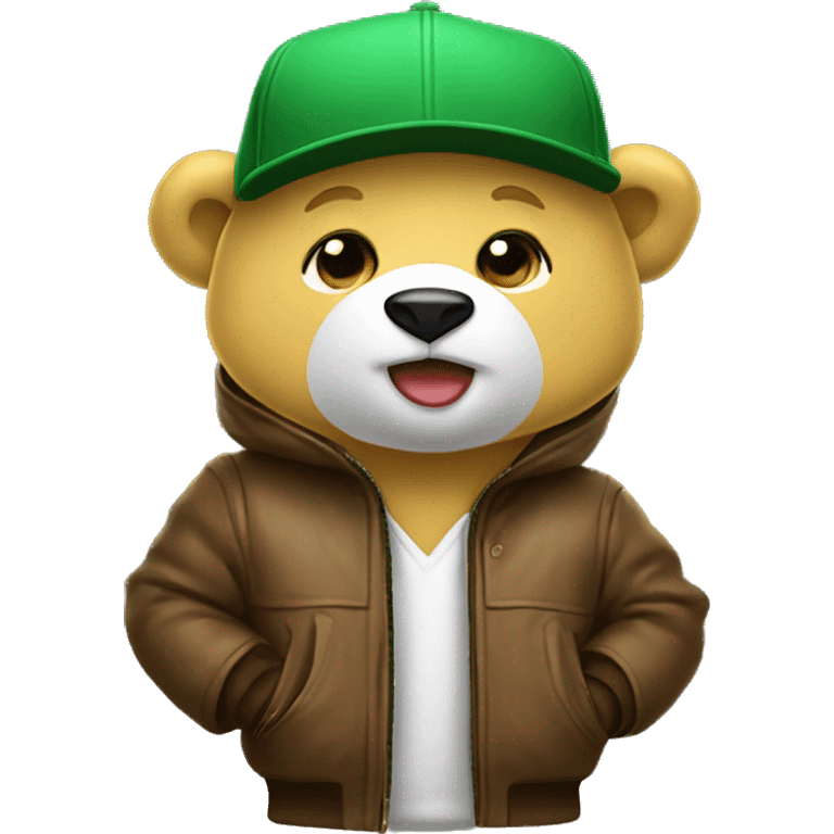 Yellow bear cub with white muzzle and Green baseball cap and wearing brown bomber jacket with Fur hood. emoji