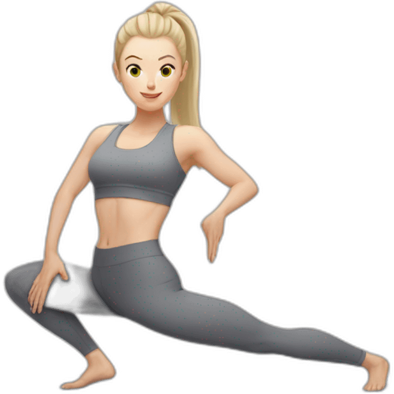 Pale skinned fit woman In a gray tight yoga suit With ash blonde hair in a ponytail doing yoga emoji