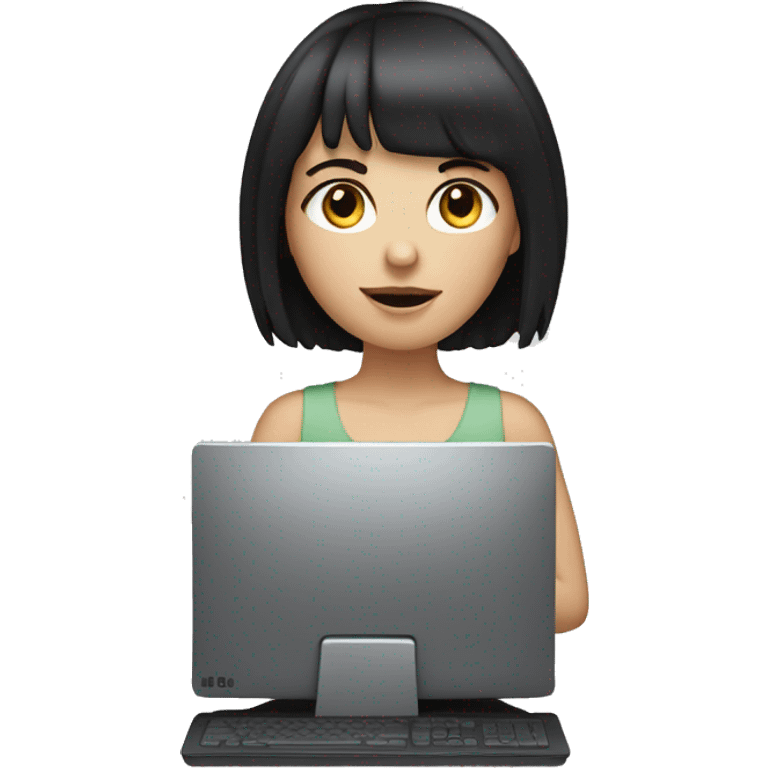 white girl with dark hair with bangs using a computer emoji