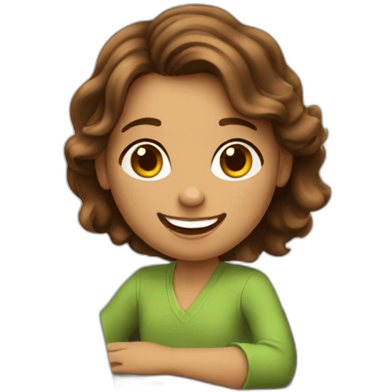 happy girl with wavy brown hair sitting behind a laptop - she's a teacher emoji