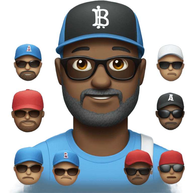 Black man with a bald head, a goatee and a beard, and a baseball cap with a blue tee shirt and sunglasses. emoji