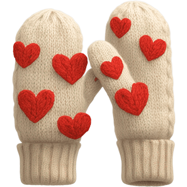 A pair of cozy knitted beige mittens with red hearts emoji