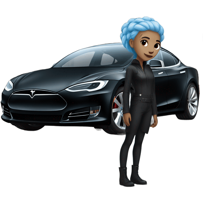 white skin girl with blue hair in black clothes standing next to tesla car emoji