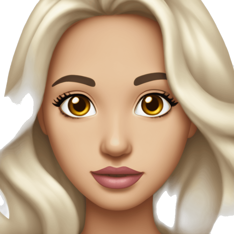 Girl with cateyes and a light skin tone long eyelashes with long dark brown hair in a side parting in a wavy/blowout effect style wearing white scoop neck top and wearing a gold necklace and has plump light pink glossy lips emoji