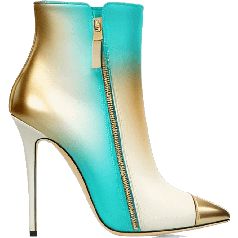 Hyper Realistic isolated front facing view of a pair of tiffany blue ,cream,and gold ombre Jimmy Choo zippered peppe toe Stiletto Heel ankle bootie boots. emoji