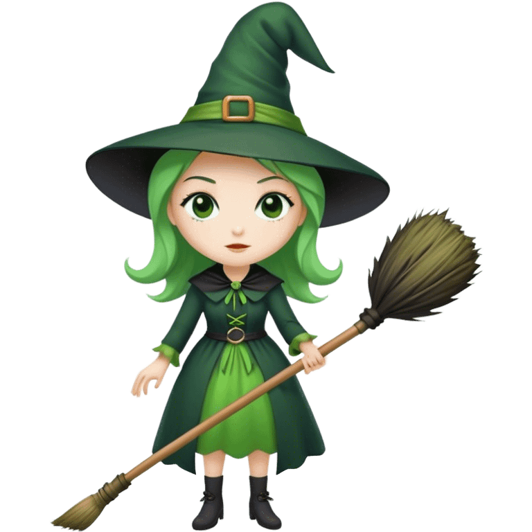 A green witch with a black hat holding a broom stick  emoji