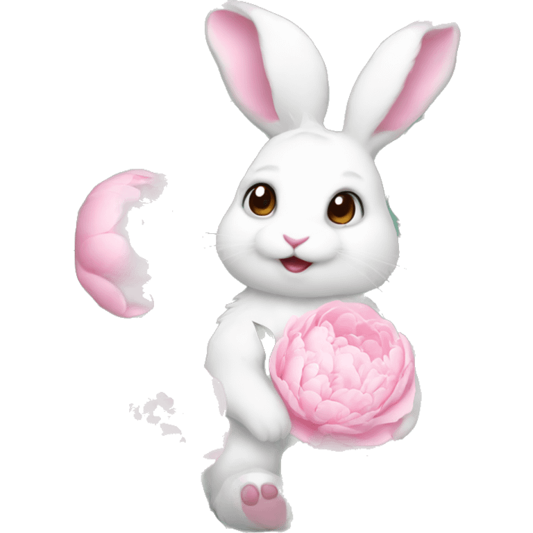 cute white bunny holding light pink peonies emoji