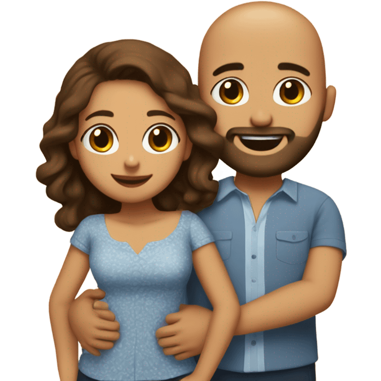 Brown-haired Puerto Rican woman with dark brown eyes wearing a cute blouse giving comforting hug to short, bald man with brown eyes, laugh lines, and a beard emoji