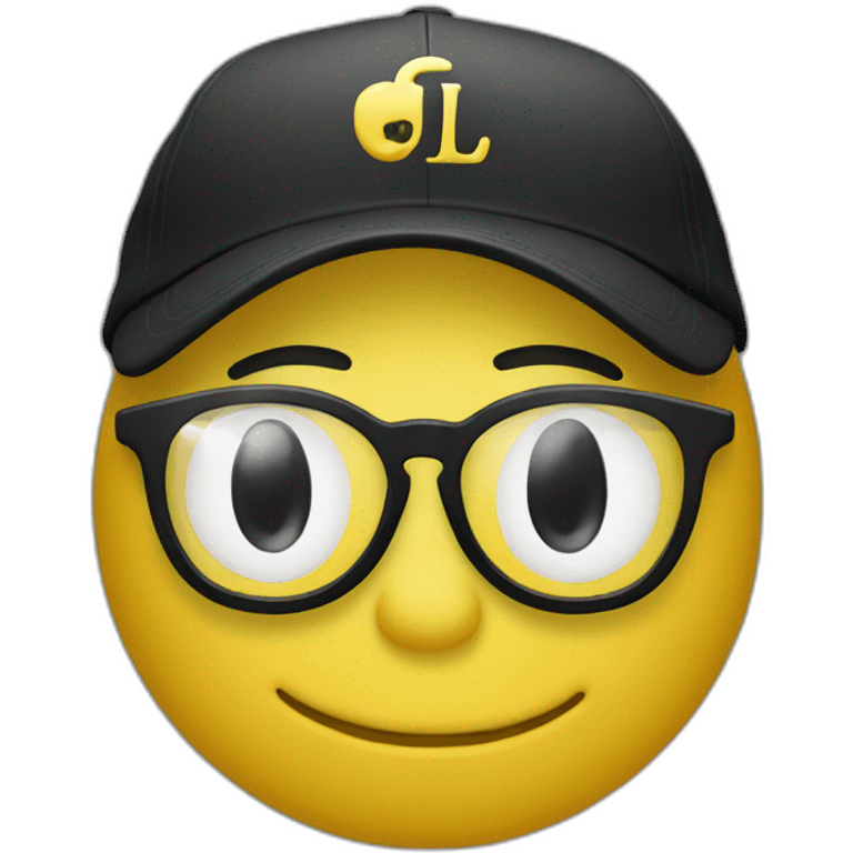 Yellow emoji with transparent glasses in a black cap with the yellow letters "JL" on the cap emoji