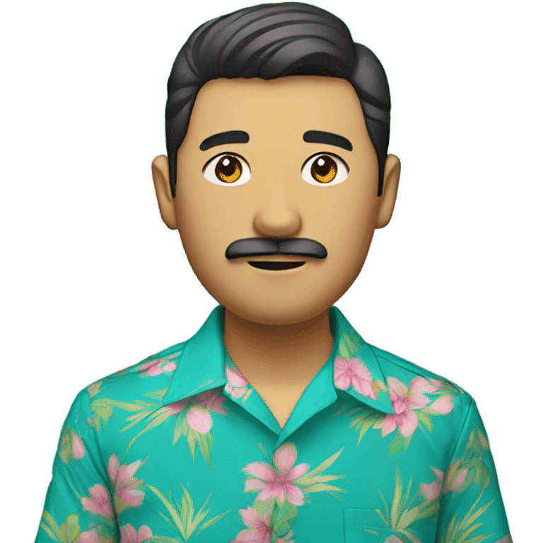 young asian man with beard and mustache, teal hawaiian shirt with pink flowers emoji