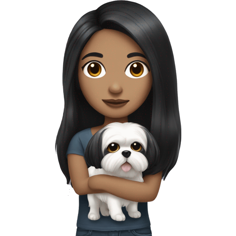 Colombian girl with long black hair, holding a white shih Tzu with black ears emoji