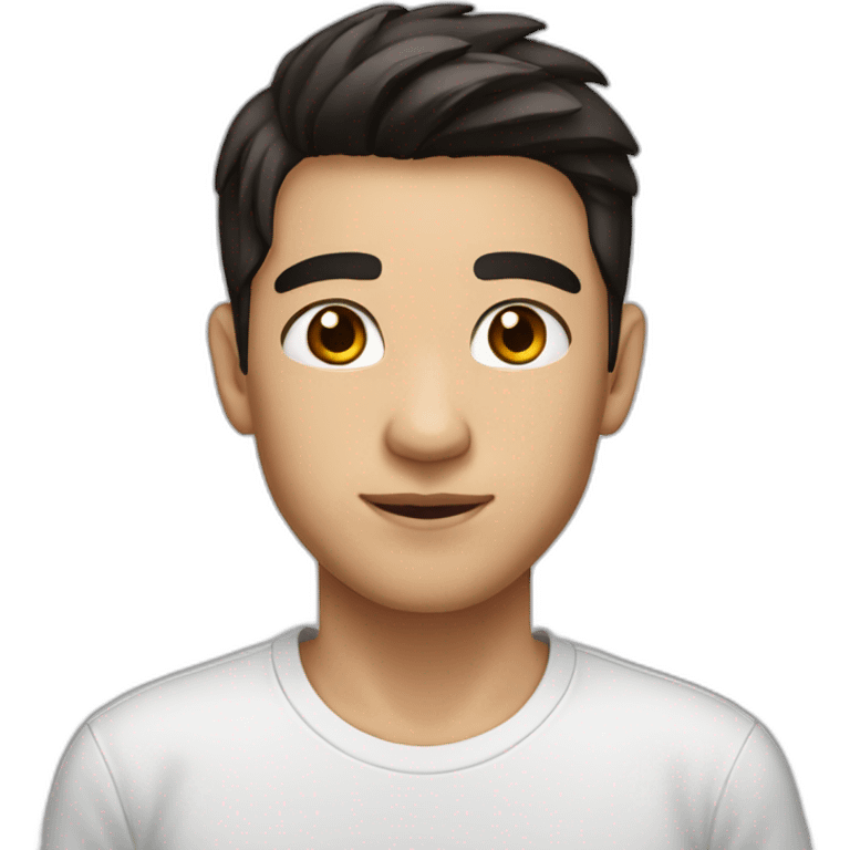 a young man, white skin, shorter black-brown hair and dark brown eyes wearing a white t-shirt emoji