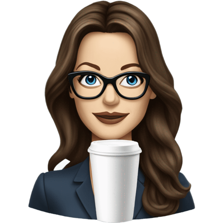 Hyper Realistic Kate Beckinsale blue eyes wearing glasses in a business dress drinking coffee happy  emoji