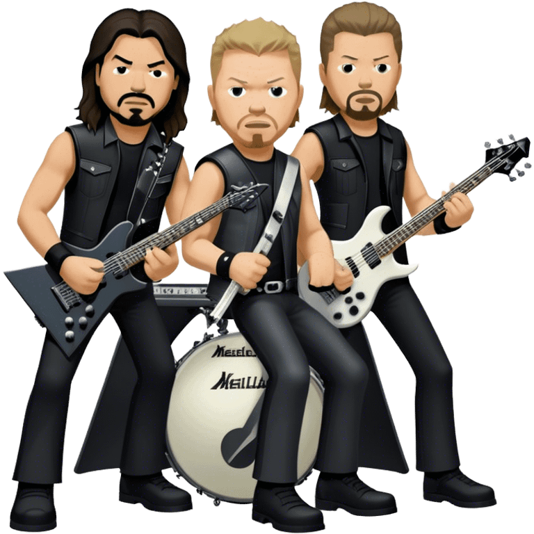 Icon for Metal Music: Metallica four band members detailed in their signature look. James Hetfield with guitar, Lars Ulrich on drums, Kirk Hammett with his electric guitar, and Robert Trujillo playing bass. Bold, energetic style, all in a heavy metal aesthetic. Transparent background. emoji