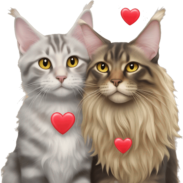 A Maine coon and a sphinx cat of different colours kissing with one love heart in front   emoji