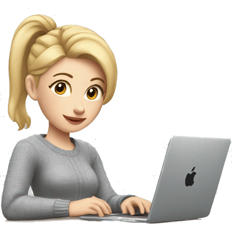 Woman with pale skin, short blonde ponytail and gray sweater sitting at table with Apple laptop emoji