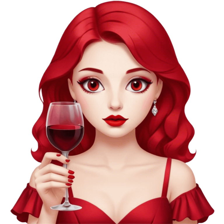 A girl with red makeup and an elegant dress, holding a glass of wine close to her lips, with her lips slightly parted, looking at you with half-lidded eyes. emoji