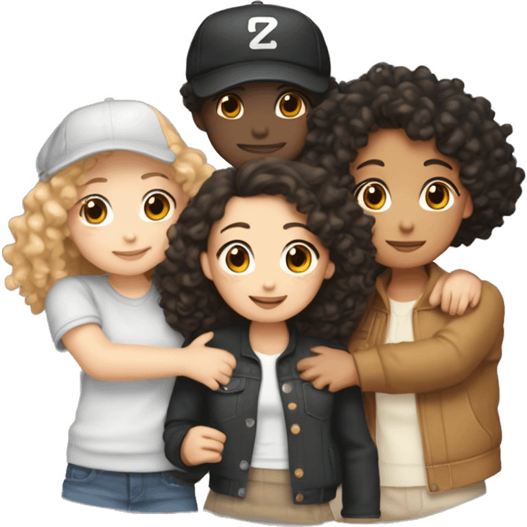 Five friends hugging - one white nonbinary person with short curly hair, 1 white girl with curly hair, 1 Chinese girl with a baseball hat, 1 light skin girl with long brown hair and 1 light skin girl with long black hair  emoji