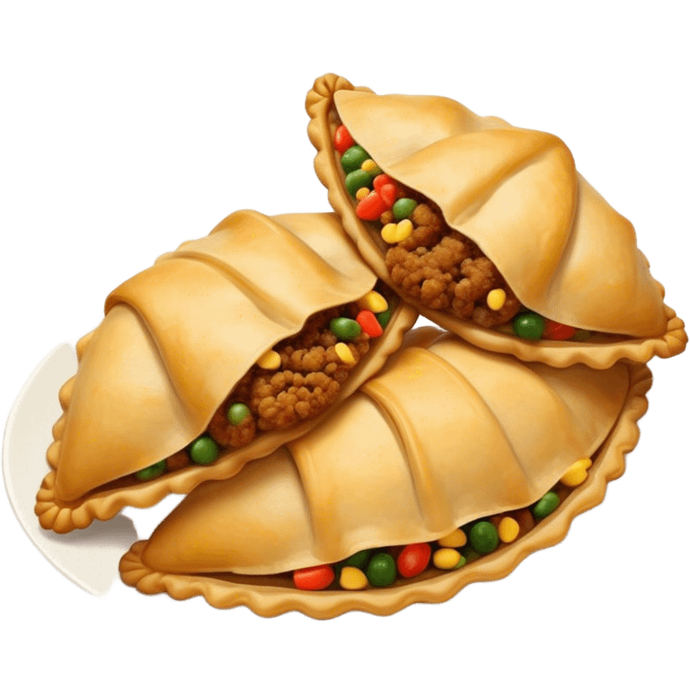 Cinematic Realistic Empanadas Dish Emoji, showcasing crispy fried turnovers filled with spiced meat and vegetables rendered with rich textures and dynamic, appetizing lighting. emoji