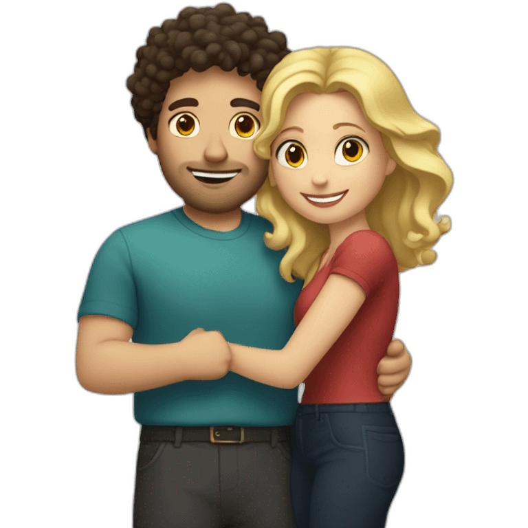 White man with dark curly hair hugging a blonde curvy woman emoji